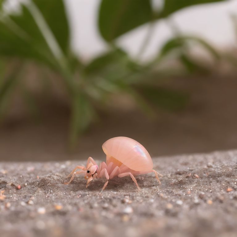 00382 A pink bug on the ground with a plant in the background