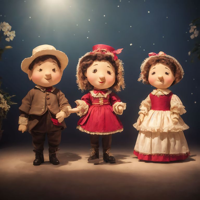 01142 Three dolls dressed in traditional clothing stand in front of a starry sky