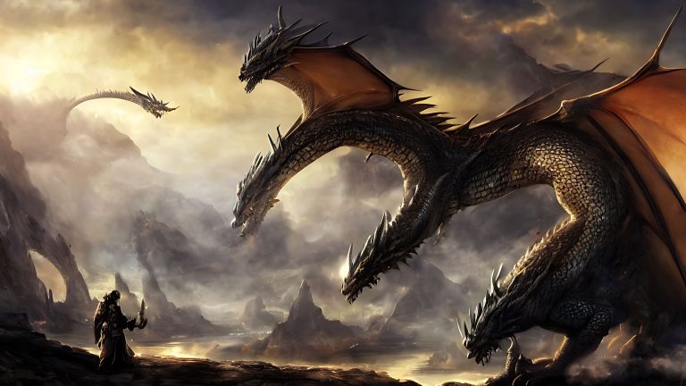01302 A man standing in front of two large dragons