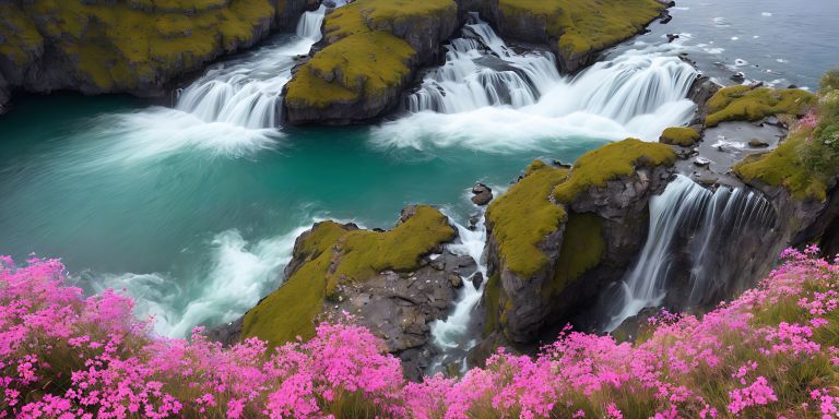 02336 A waterfall is surrounded by pink flowers