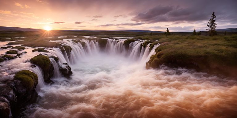 02541 The sun sets over a waterfall in iceland