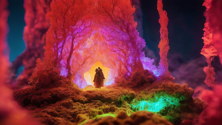 02997 A man standing in front of a colorful cave