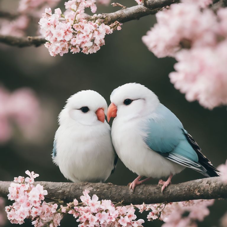 03334 Two white and blue birds sitting on a branch with pink flowers