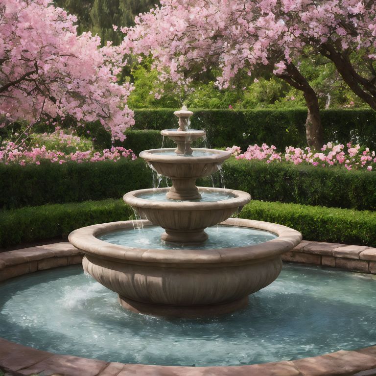 03343 A fountain surrounded by pink trees in a garden