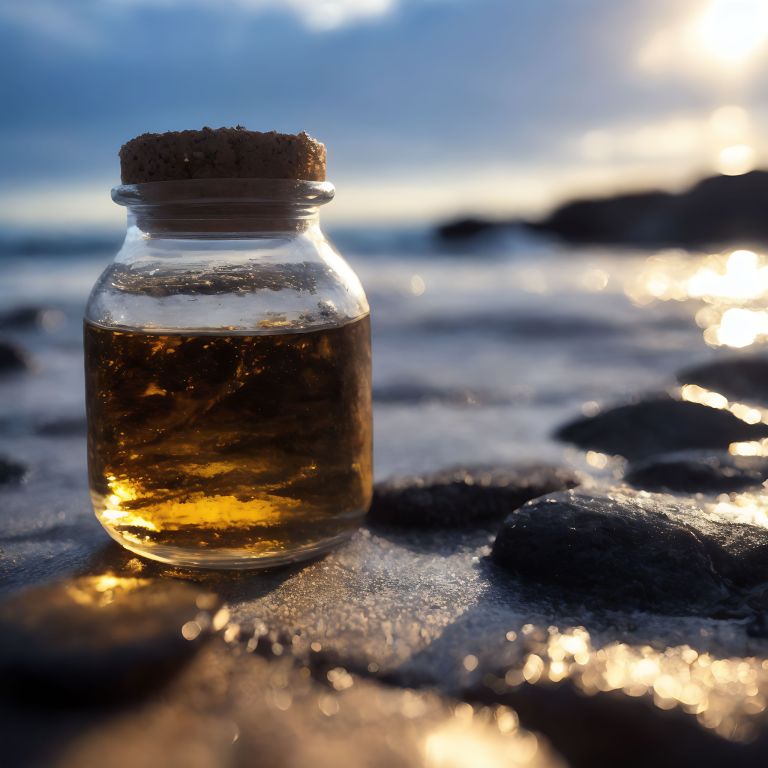 03344 A bottle of oil on the beach with rocks