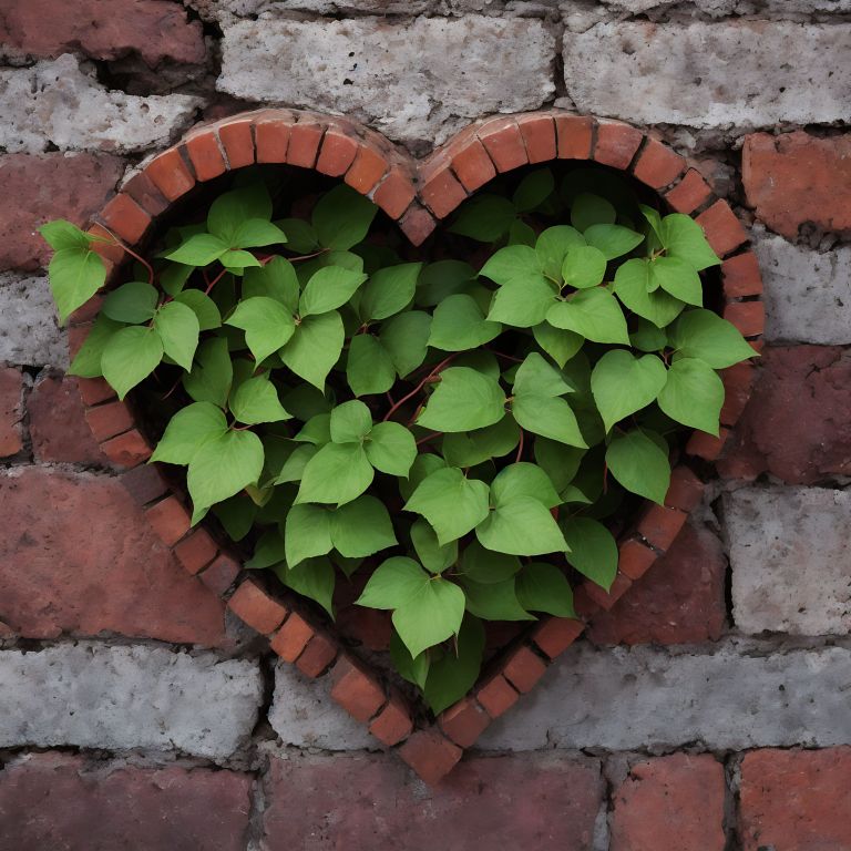 03359 A heart shaped brick wall with green plants growing on it