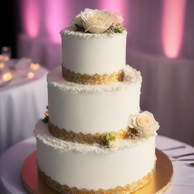 03361 A three tiered cake with gold trim and flowers