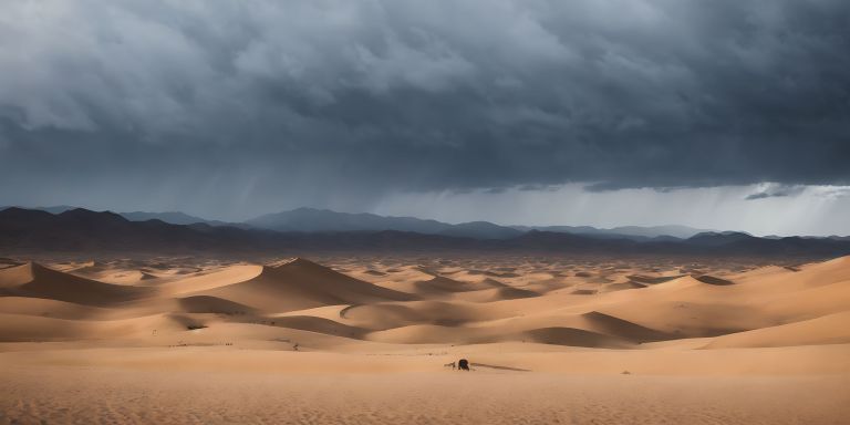 03893 A man walks through the desert under a stormy sky